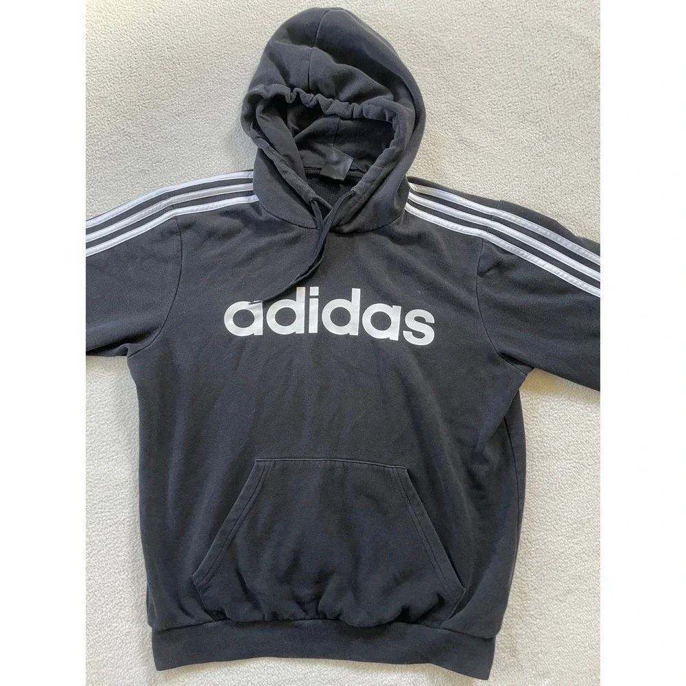 Adidas Mens Medium‎ Hoodie Black 3-Stripe Logo Pullover Fleece Sweatshirt Stain